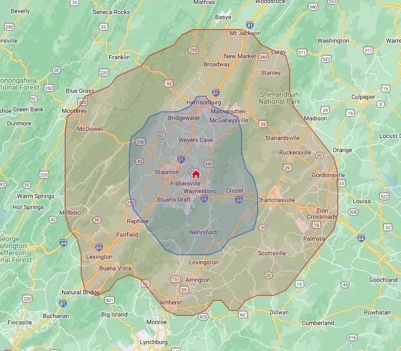 Villa Views service area map showing no-fee zone (blue) and extended zone at $1/mile (red) across the Shenandoah Valley, VA