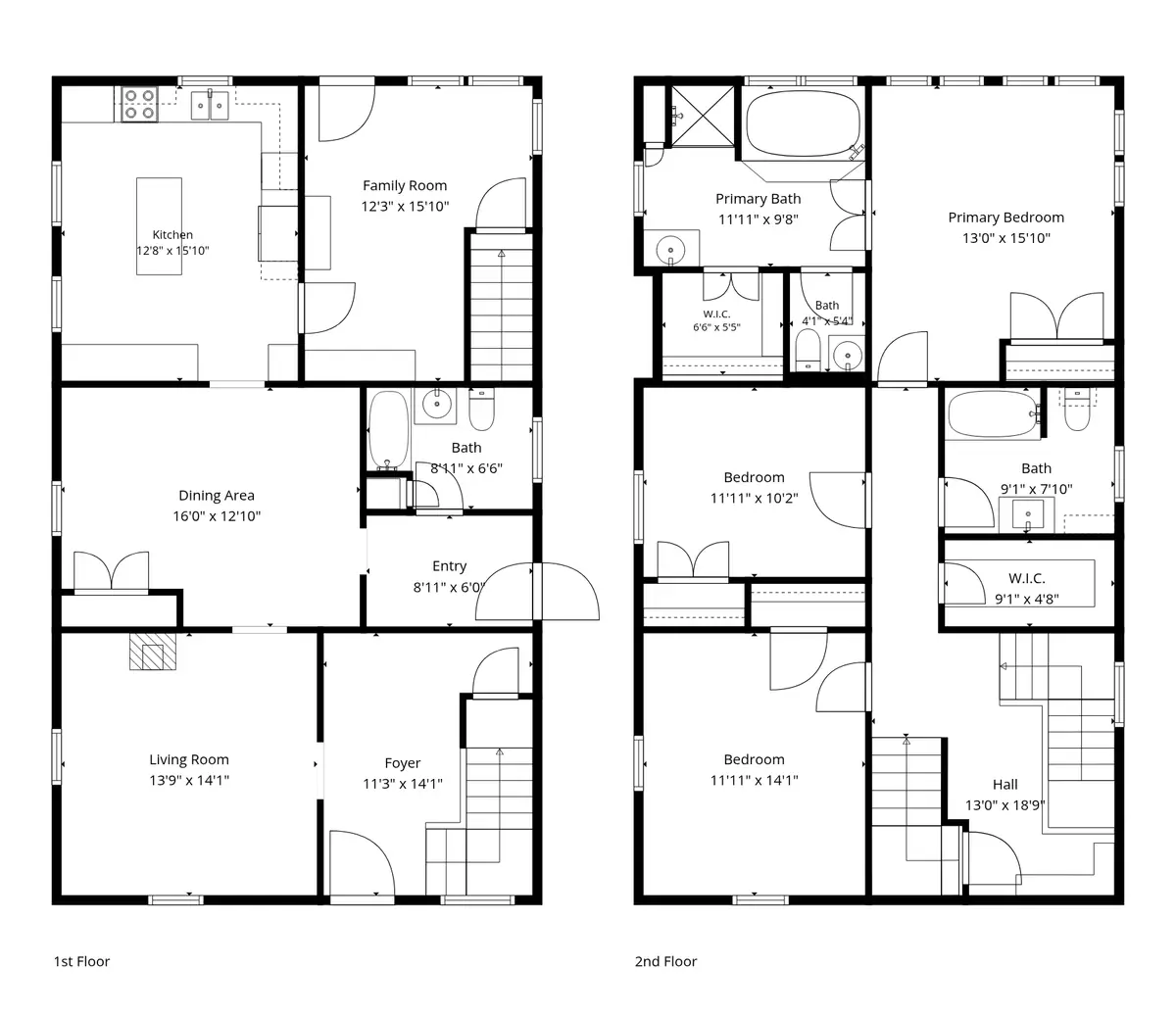 2D floor plan of the first and second floors with room dimensions