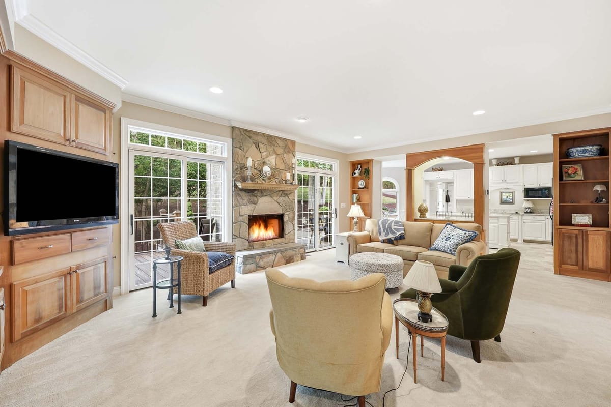 Mountain home living room with stone hearth, Nelson County VA