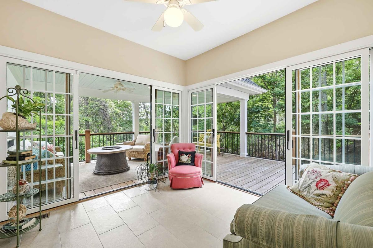 Wooded sunroom interior, Blue Ridge mountain property