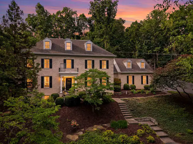 Evening exterior photography  -  brick colonial at dusk, Shenandoah Valley
